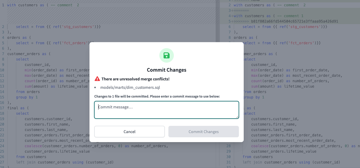 Pop up box when you commit without resolving the conflict Pop up box when you commit without resolving the conflict