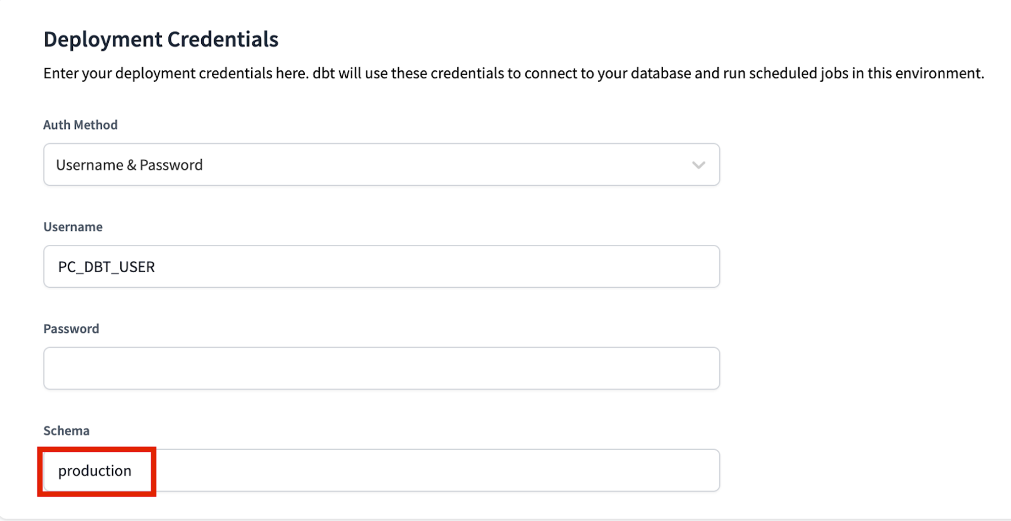 Update the deployment credentials schema to production Update the deployment credentials schema to production